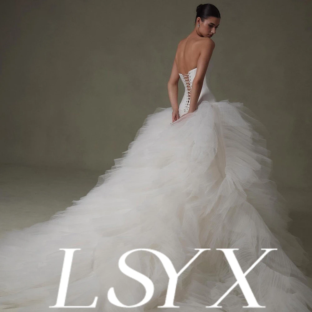 LSYX – Corset sans bretelles personnalisé, corsage en Satin, jupe en Tulle à volants, dos ouvert, à lacets, longue traîne, élégant et luxueux