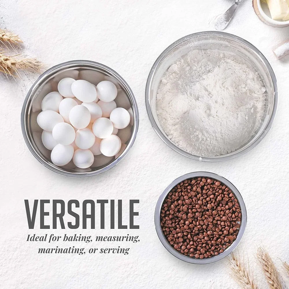 OVENTE ชามผสมสแตนเลสพร้อมฝาปิดชามทํารังพร้อมเครื่องหมายวัดทําความสะอาดง่ายและจัดเก็บการทําอาหารที่สมบูรณ์แบบเบเกอรี่