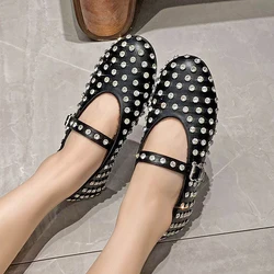 Women Flat Shoes Comfortable Bling Ballet Dance Shoes Low Top Round Toe Mesh Hollow Loafers Crystal Casual Walking Shoes Mujer