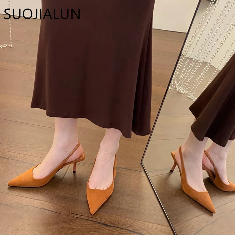 SUOJIALUN Spring New Brand Poined Toe Women Sandal Fashion Thin High Heel Ladies Elegant Dress Pumps Shoes Female Slingback Mule