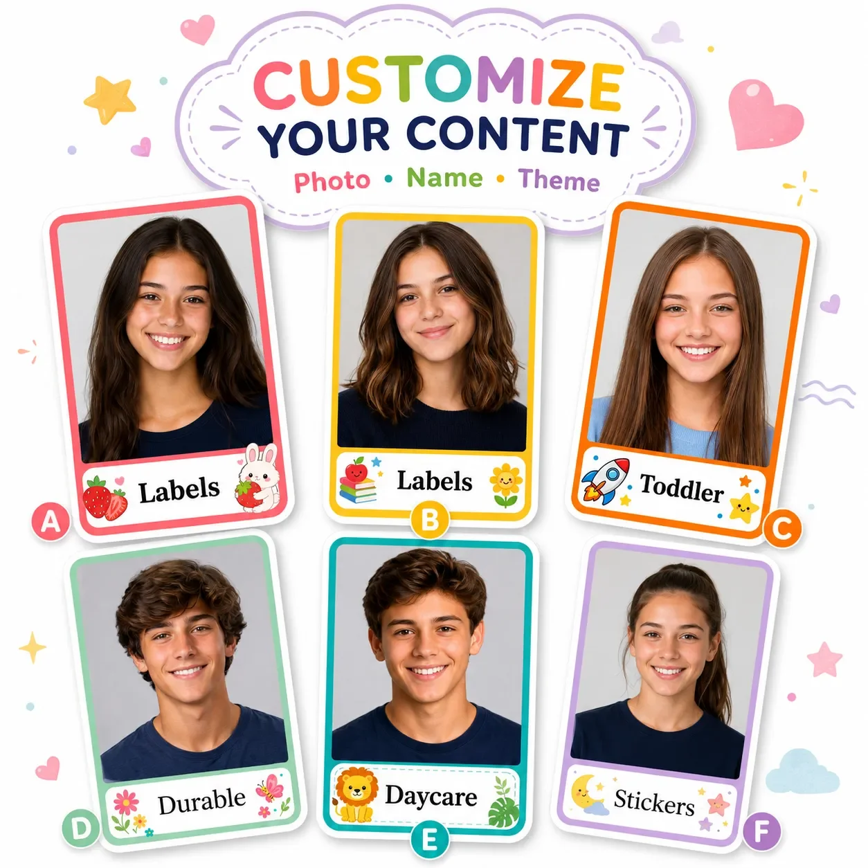 Customized Back-To-School Season Photo Name Stickers Customized Square Half-Portrait Photo Labels Personalized Labels for Schools, Offices, Water Bottles, Pencils - Non-Curling Adhesive Waterproof Name Tags School Classroom Backpacks Luggage Back-To-School Gift for Son or Daughter