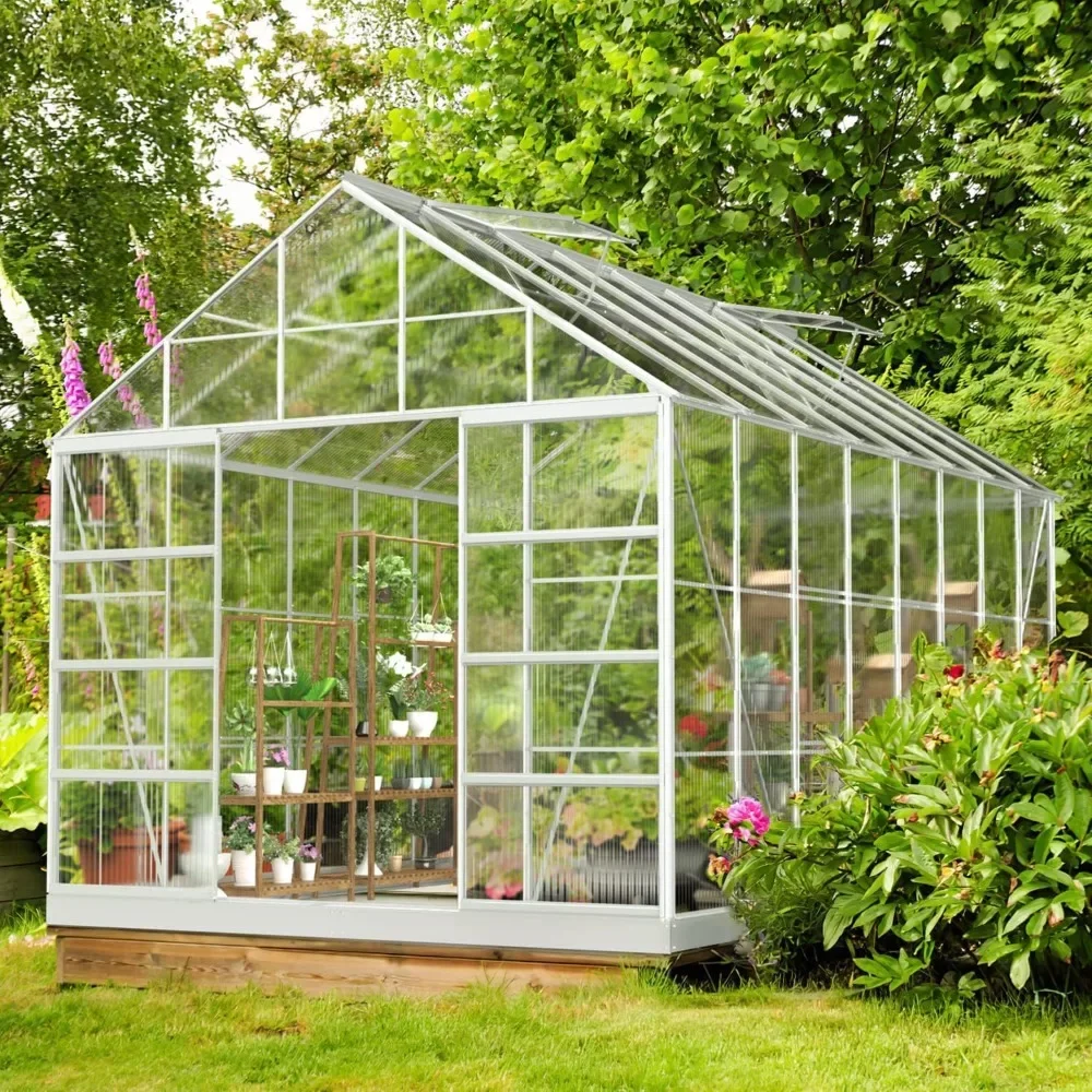 Greenhouse 10' x 16' Outdoor Aluminum Polycarbonate with Adjustable Roof Vent and Sliding Door for Backyard Garden in Winter