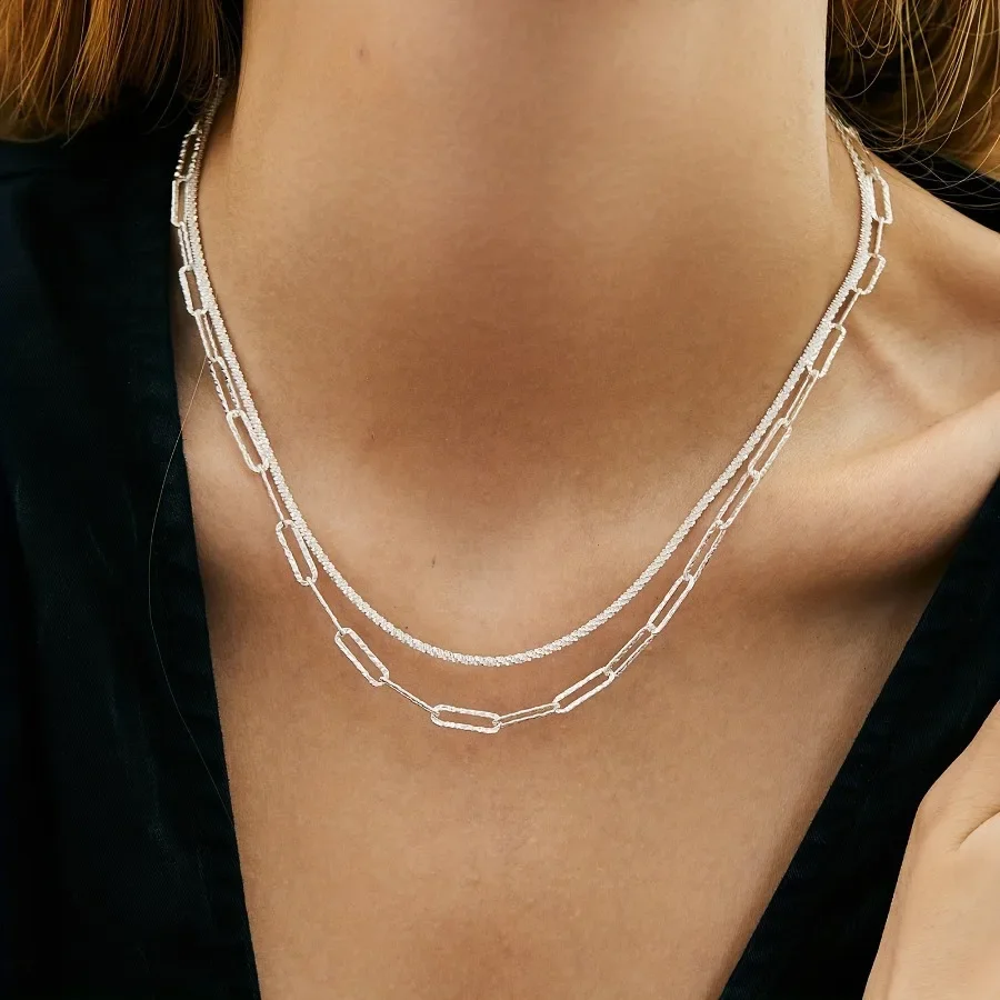 Luxury Brand 2pcs Lovely 925 Sterling Silver Necklace Bracelet Jewelry Set For Women Paperclip Chain Party Wedding Engagement image 4