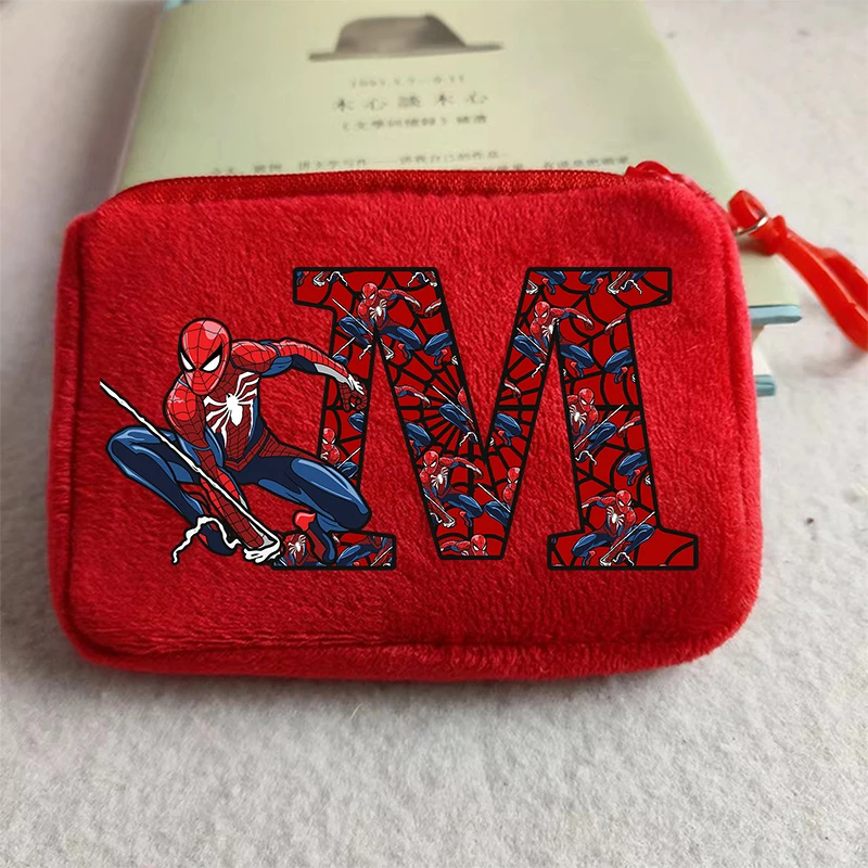 Marvels SpiderMans Kids Plush Coin Purse Boys Kawaii 26 Letter Printed Wallet Kids Portable Mini Storage Bag Child Birthday Gift