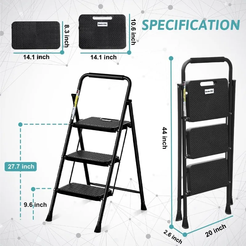 Step Ladder 3 Step Folding with Handgrip, 500Lbs Steel Step Stool, Folding Ladder with Anti-Slip Wide Pedals