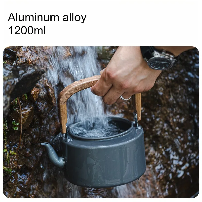 1.2L Lightweight Aluminum Alloy Camping Kettle with Wooden Handle Black And Gray Portable Outdoor Cooking Pot