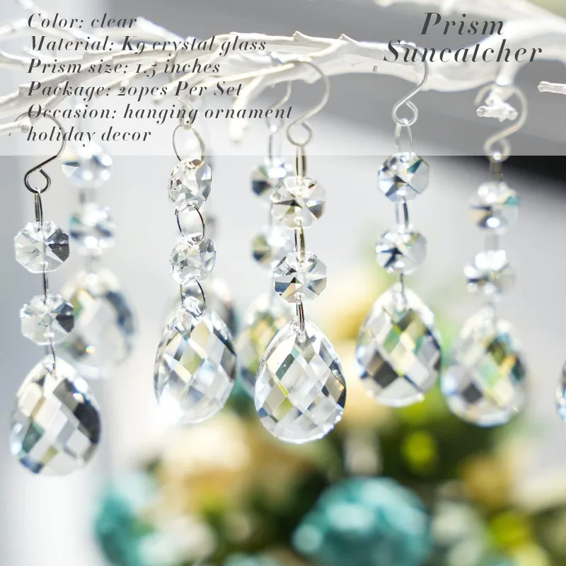 Clear Teardrop Crystal Hanging Suncatcher Prism Pendant with Hooks, Chandelier Replacement Beads for Christmas Home Window Decor