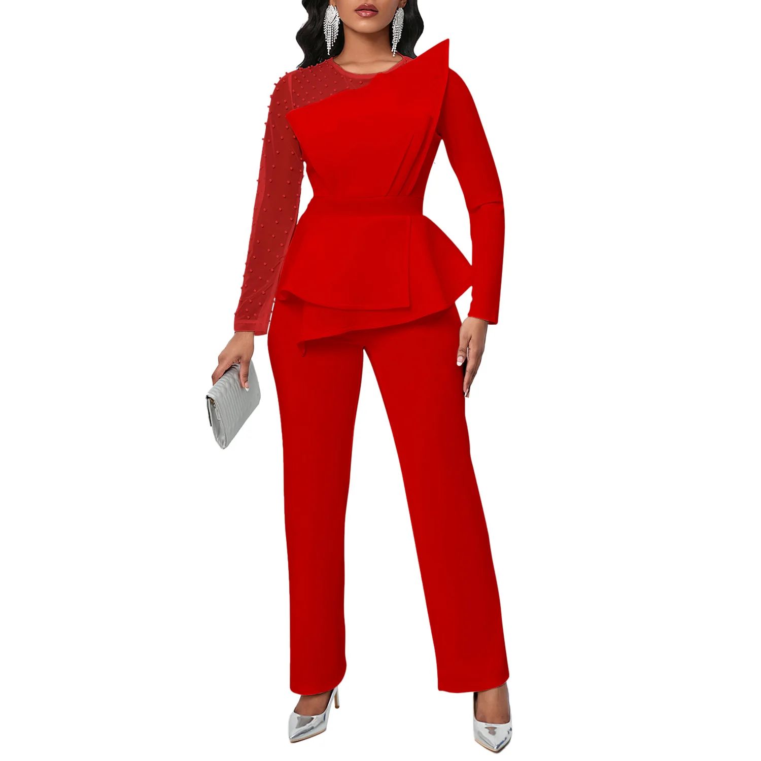 

Africa Clothing Plus Size African Clothes for Women 2023 Autumn Long Sleeve Solid Color O-neck Outfits Mesh Bead Long Jumspuit