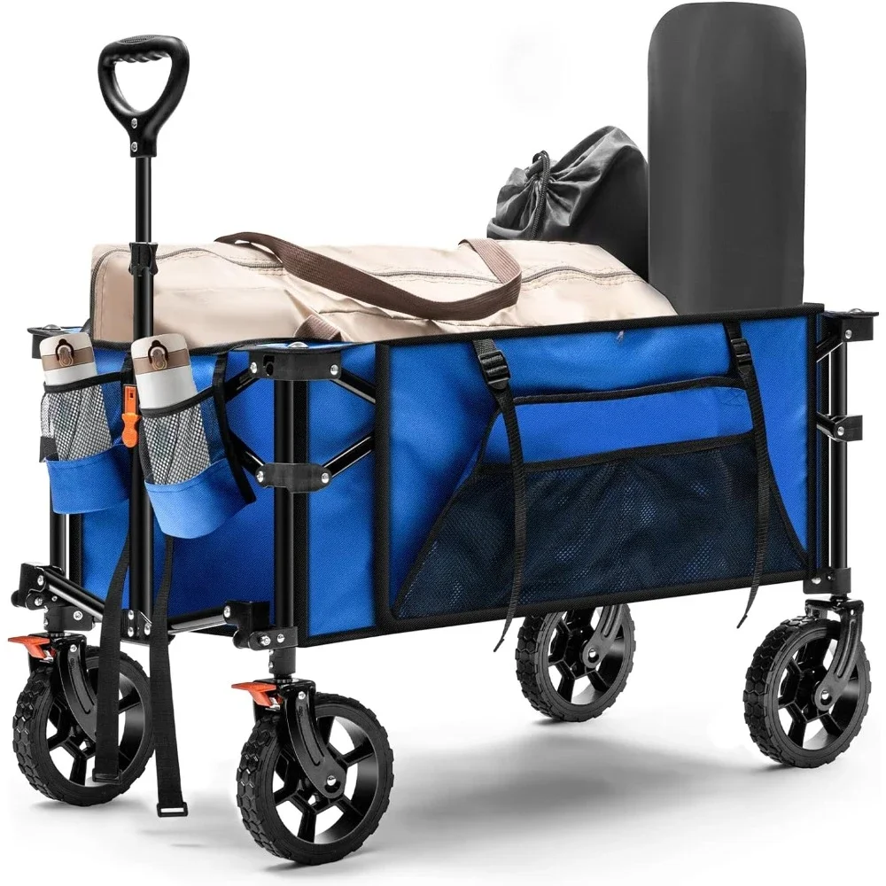 

Heavy Duty Foldable Wagon Cart With Side Pocket and Brakes Handcart Collapsible Folding Wagon Camping Trolley Push Cart Dolly