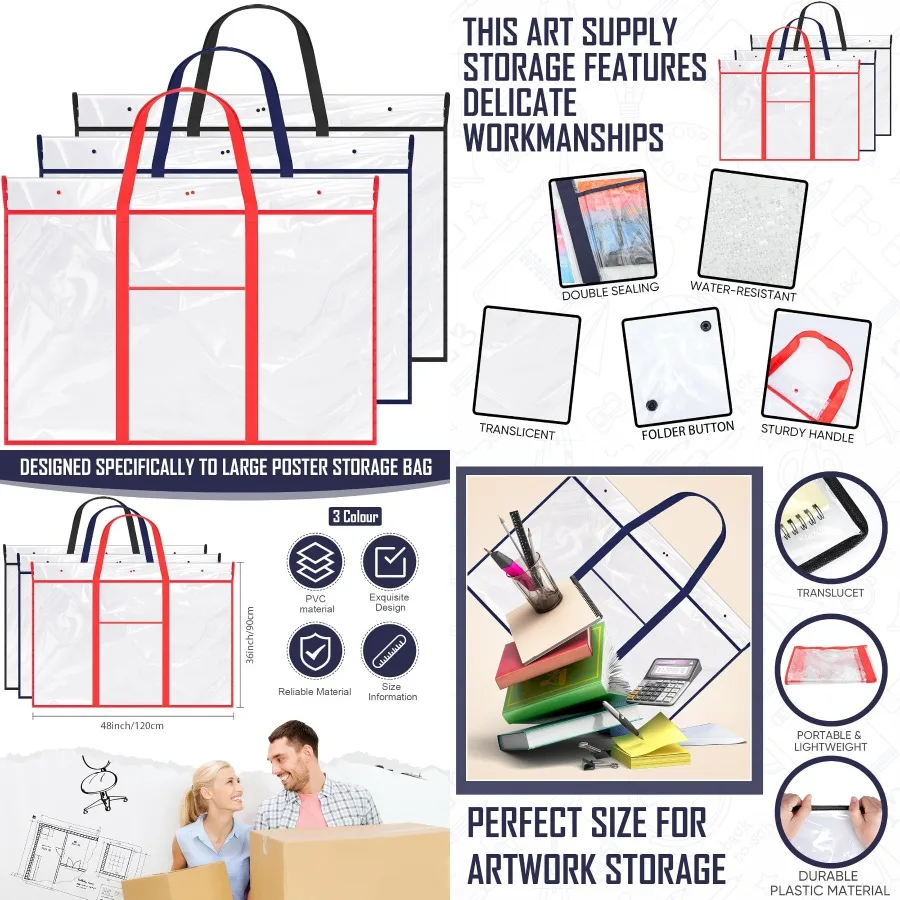 Paquete de 3 bolsas de portafolio de arte grandes para almacenamiento y exhibición de carteles, carpetas de portafolio de PVC duraderas con bolsillos para boletín de obras de arte