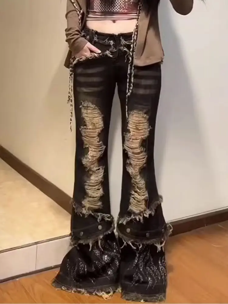 

Y2k Distressed Flared Jeans Women High Waist 2000s Black Vintage Gothic Punk Denim Pants Grunge Aesthetics Trousers Pantalones