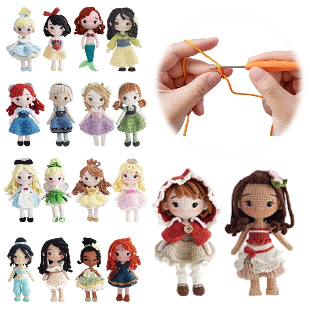 Crochet Princess Doll Material Package 23cm Cartoon Princess Decoration DIY Anime Characters Doll Handmade for Girls Gifts