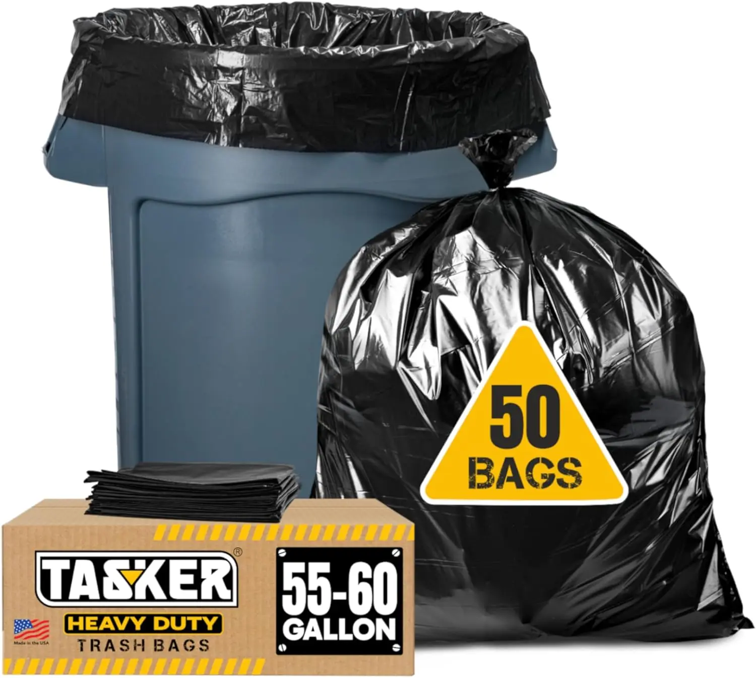 

55 Gallon Heavy Duty Trash Bags with Ties, Value Pack of 50 Extra Large Industrial Garbage Bags for Outdoor and Lawn Use