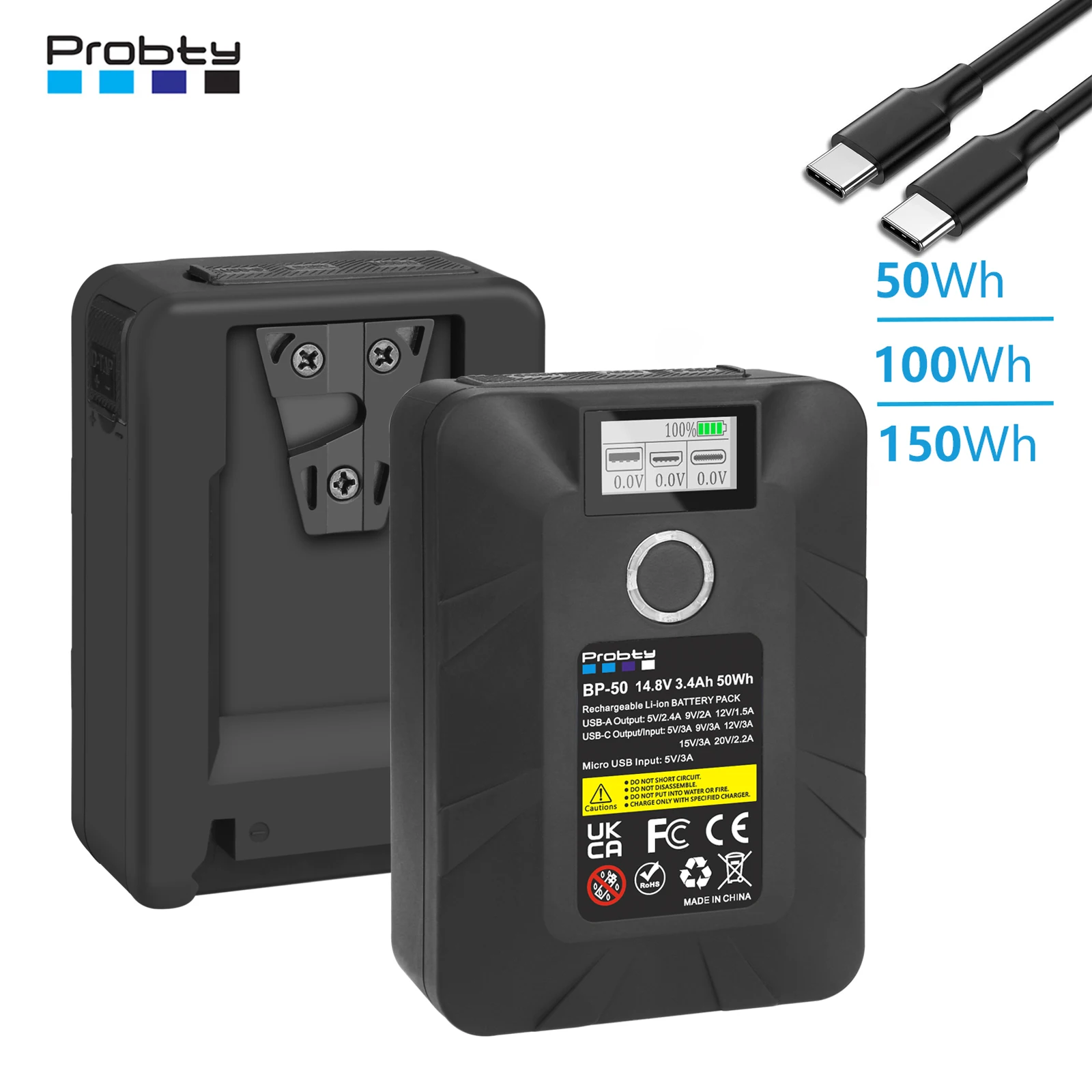 50Wh 100Wh 150Wh V-Mount/V-Lock Battery Mini Battery Type-C Fast Charging For Sony Monitor Camera Camcorders,LED Video Light