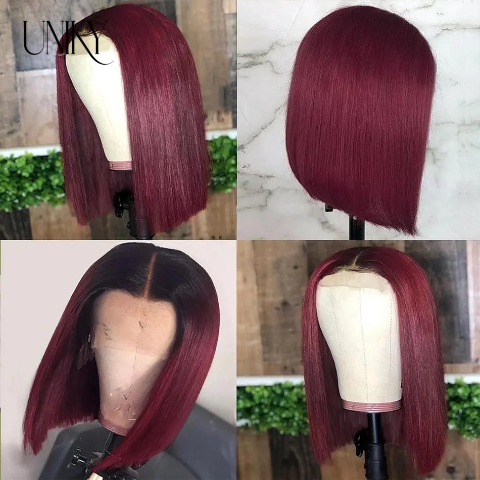 T1B/99j Burgundy Red Straight Bob T Part Lace Front Human Hair Wig For Women Colored Brazilian Remy Hair Natural Wig