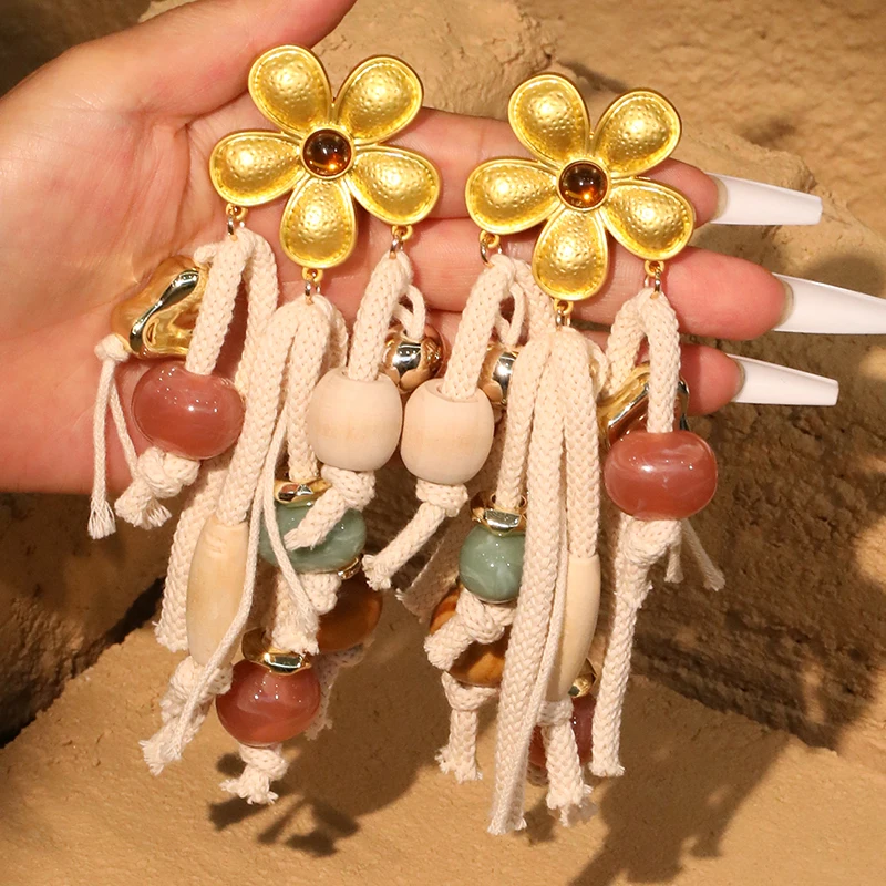 Boho Flower&Ropes Dangle Earrings Exaggerated Earrings Handmade For Women Wedding Party Jewelry