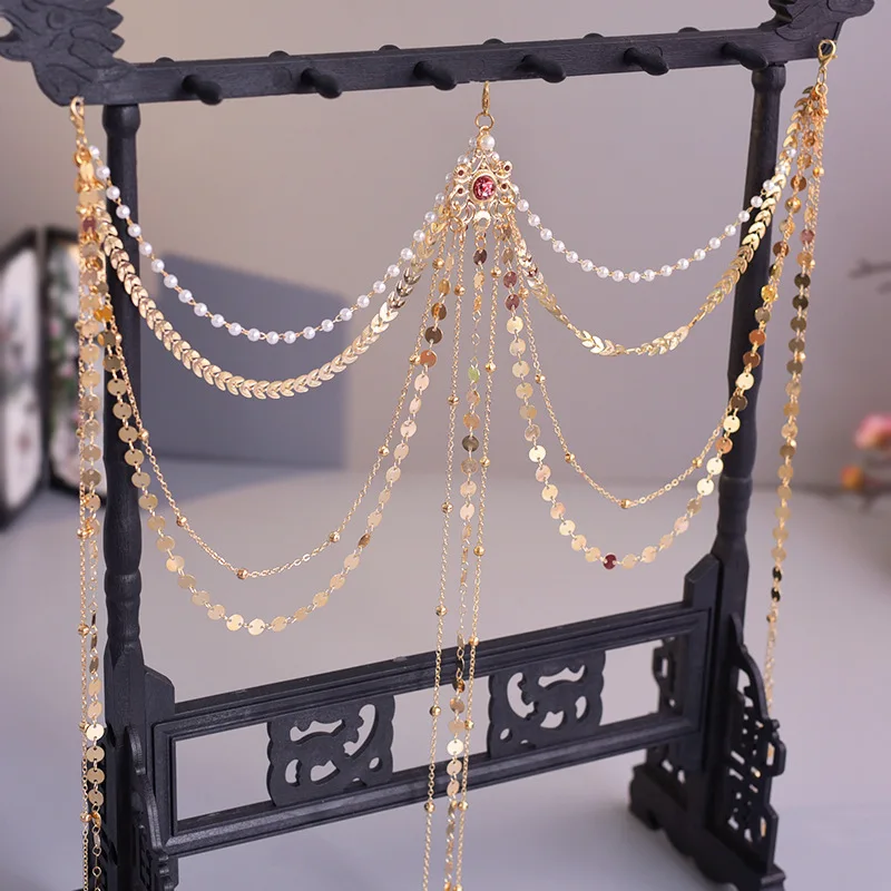 Hanfu waist chain waist pendant antique gold pressure flaps front pressure pearl hundred long fringe assembly accessories