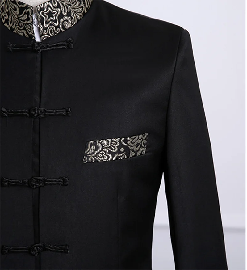 Luxury Gold Floral Embroidery Dress Suit Men Stand Collar Chinese Style Suits with Pants Mens Wedding Groom Dinner Tuxedo Suit