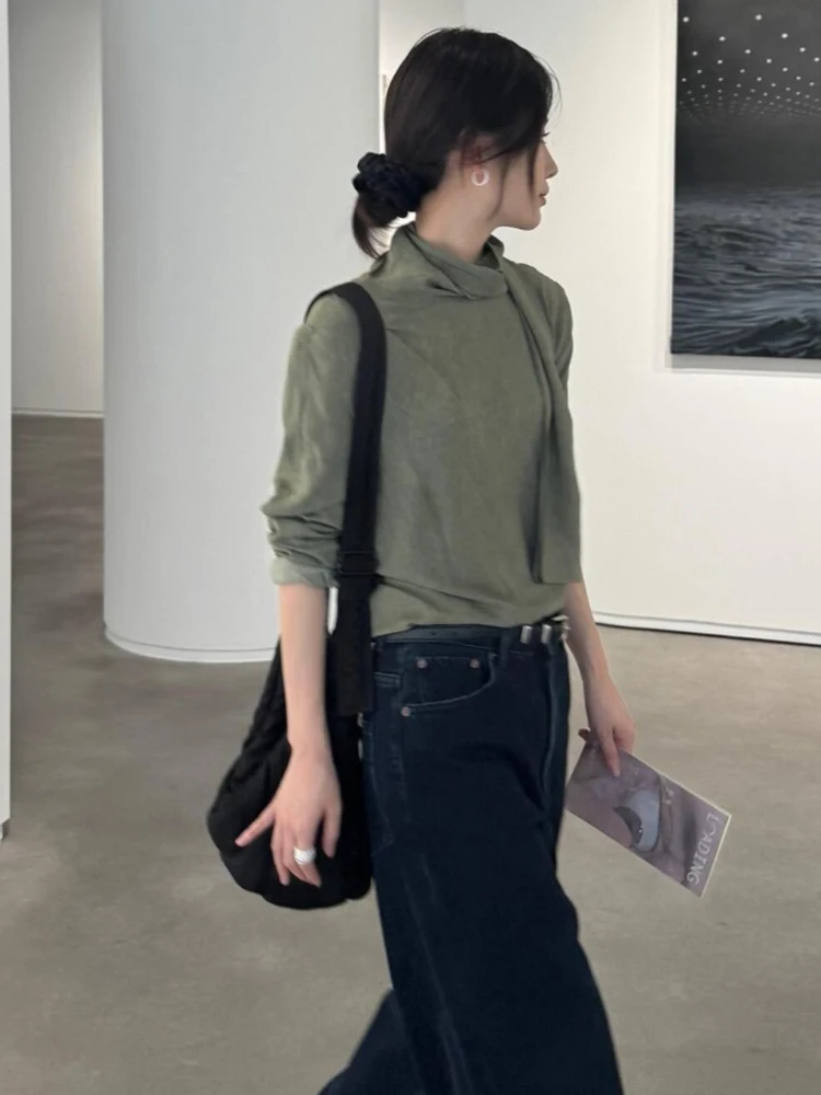 Coreano sle longo sve veludo floing irt feminino outono inverno design f gola alta com cinto camada base superior interno