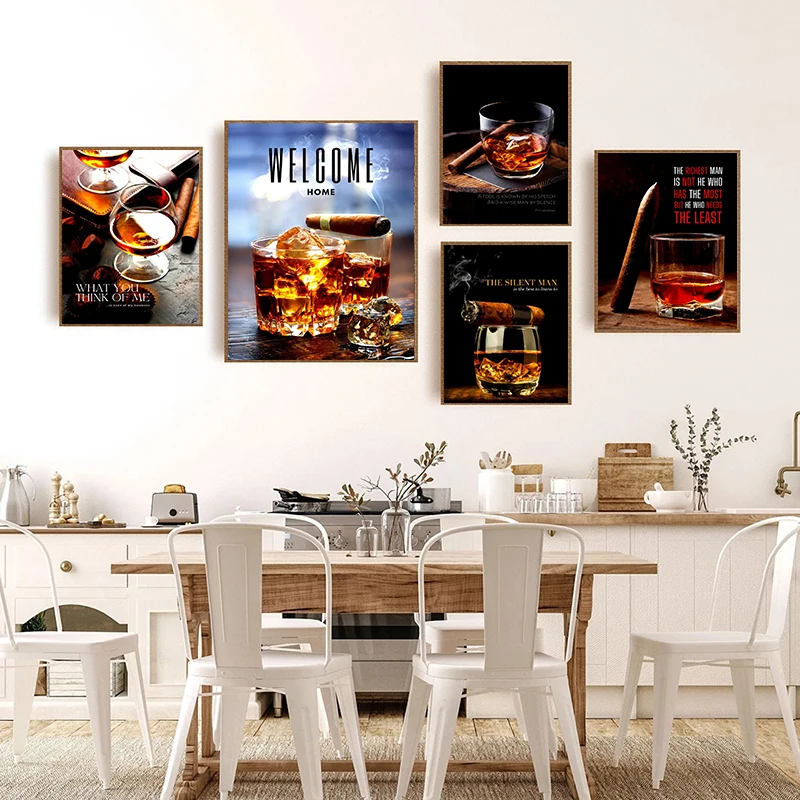 Fashion Bar Restaurant Wall Art Wine Glass Canvas Painting Whisky Bottle Cigar Poster Living Room Kitchen Home Decoration Mural