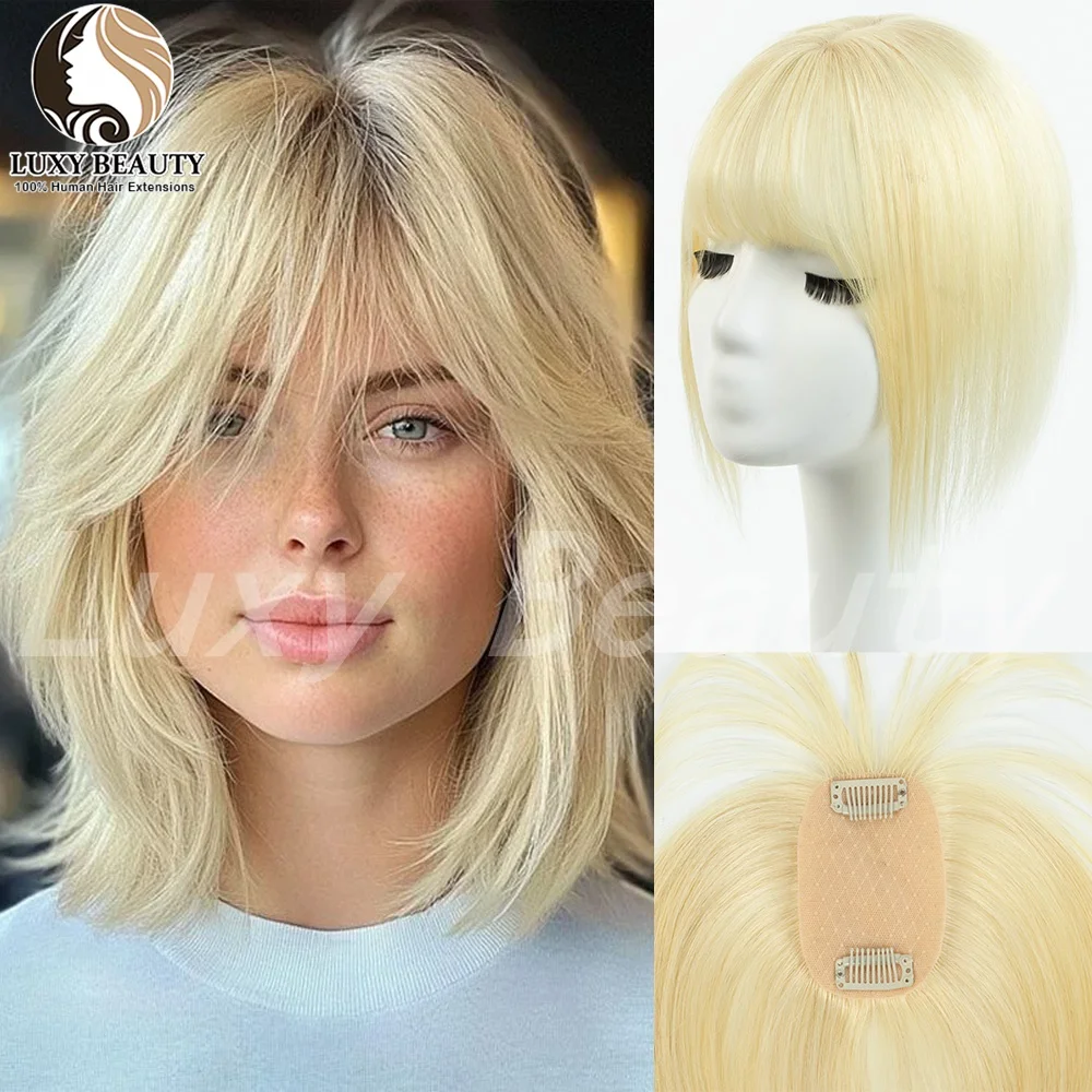Blonde Straight Human Hair Topper With Bangs Women 5x9cm Natural Short Black Brown Clip in Toppers Hair Pieces to Add Volume