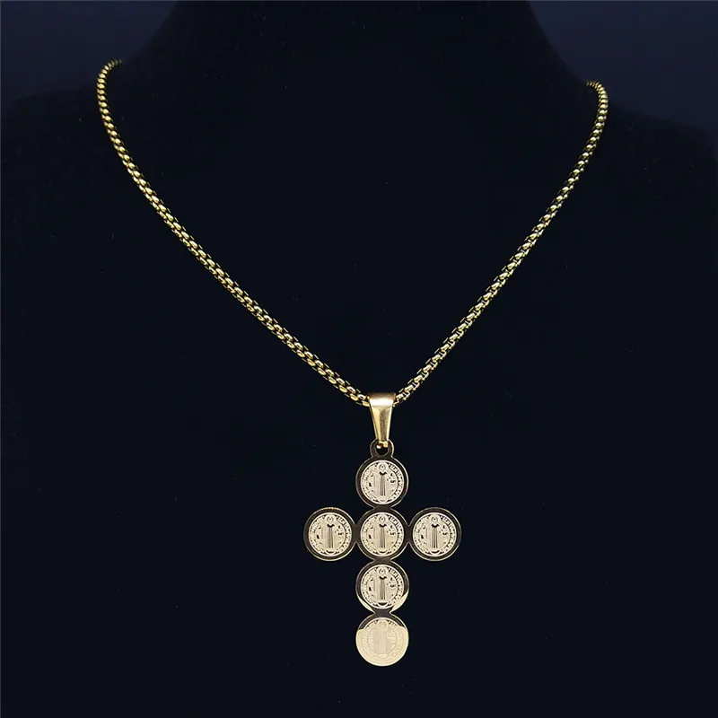 Saint Benedict Cross สร้อยคอสแตนเลสสตีลสีทางศาสนาพระเยซูสร้อยคอคาทอลิกเครื่องประดับ Collier Homme NXH39S02