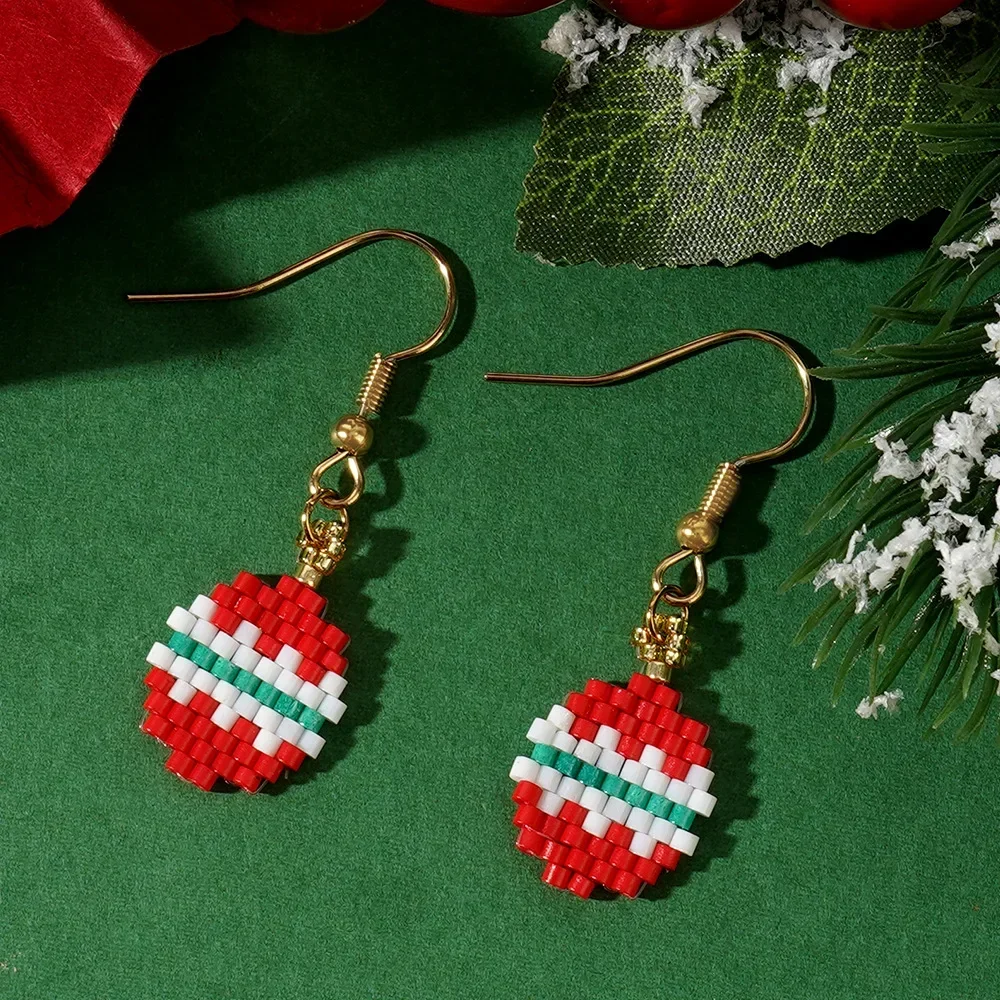 Christmas Beaded Earrings Original Design Santa Claus Head Walking Stick Hand Knitting Bohemia Alloy Rice Bead Jewelry Accessory