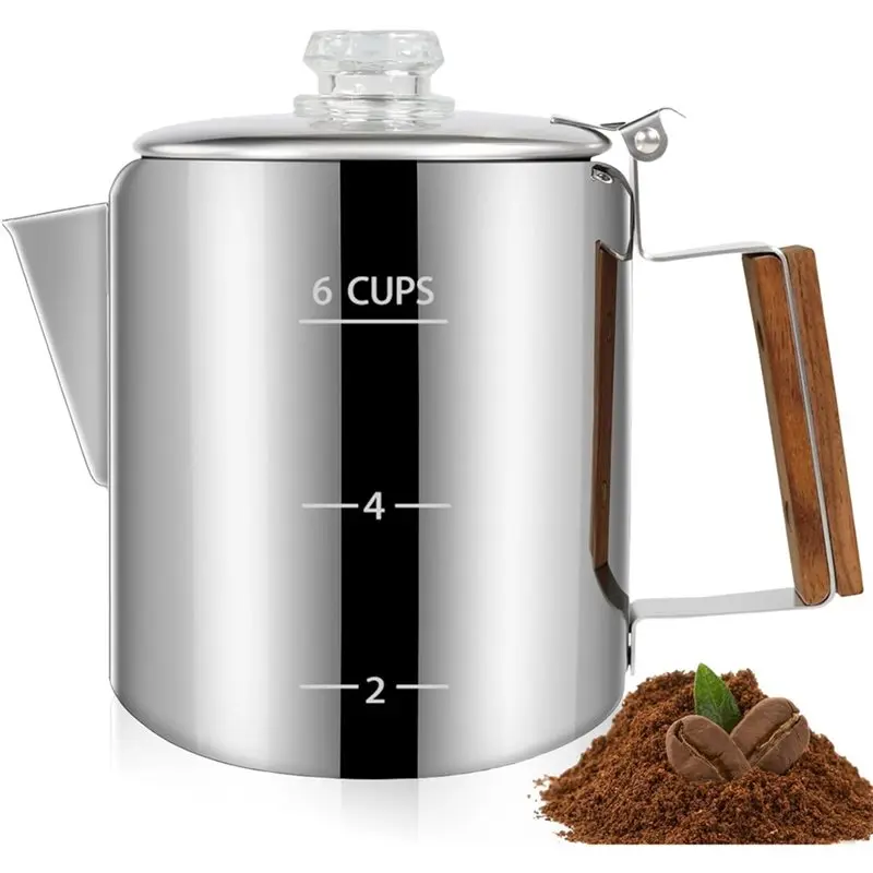 A01F-Mokka für Zuhause und Camping, 6 Tassen Perkolator, 304 Edelstahl, Kaffeekanne, Kaffeemaschine mit Griff, Herd, 1000 ml