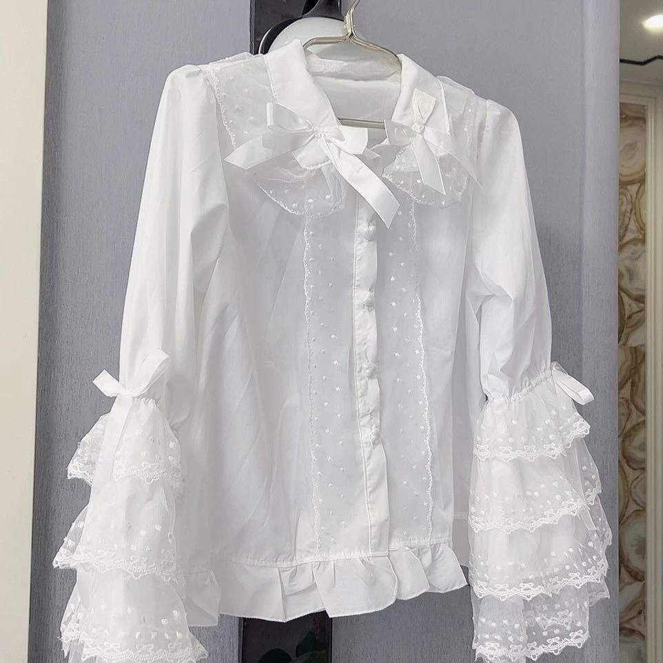Y2K – chemises esthétiques gothiques Vintage pour femmes, hauts décontractés à manches longues, solides, chemises Lolita japonaises, chemisiers en dentelle avec nœud mignon Kawaii