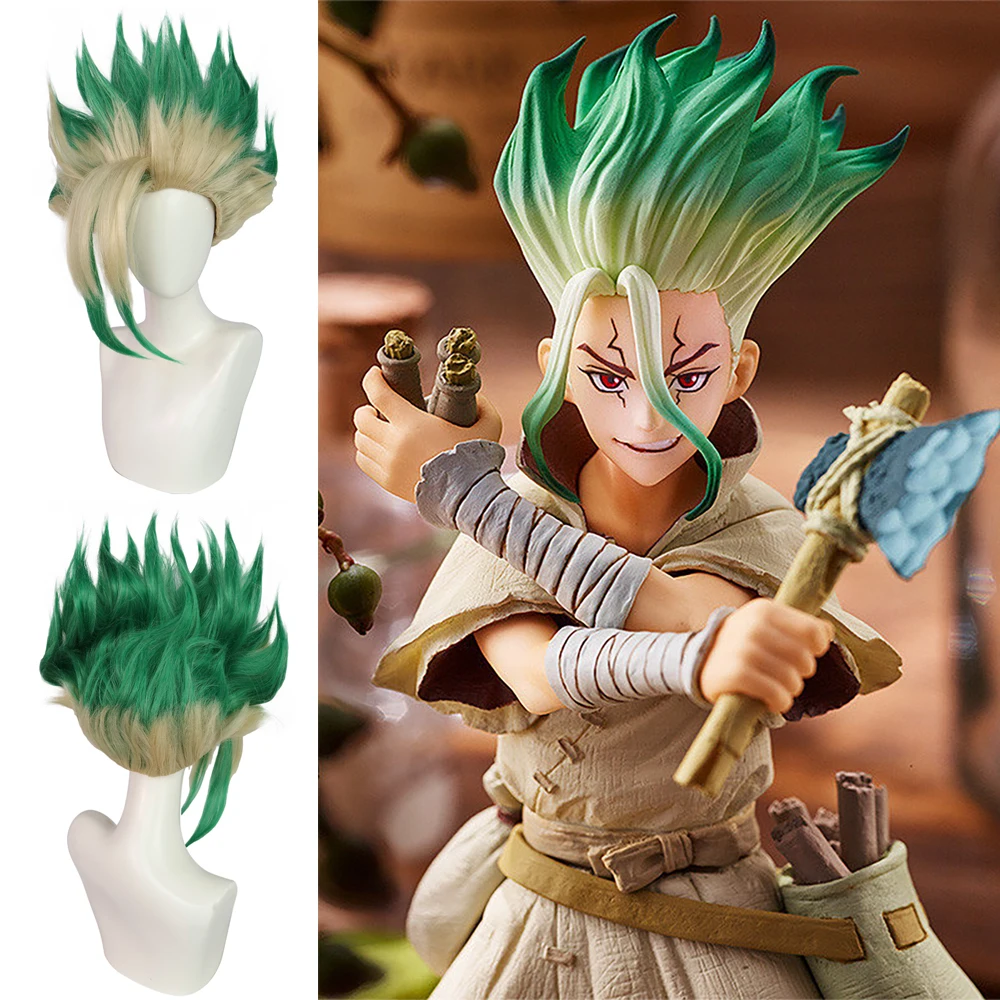 High-Quality Ishigami Senku‌‌ Cosplay Synthetic Short Hair Dr.Stone Green Gradient Suitable Daily Party Anime Role-Playing Wig