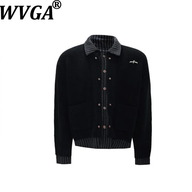 

WVGA зимний новый мужской прилив модный поддельный двухсекционный полосатый свитер нишевый шикарный повседневный элегантный вязаный кардиган на пуговицах пальто Ins W14400