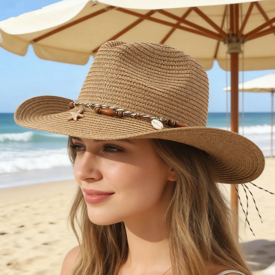 Bohemian Style Straw Cowboy Hat with Starfish and Shell Decorations, Large Brim Sun Protection Beach Hat for Summer, Breathable Straw Material, Couple's Style
