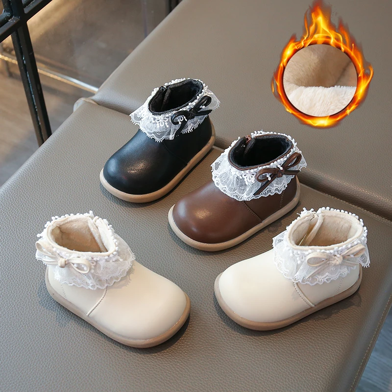 

Girls Baby Padded Fashion Boots 0-6 Years Old Beige Bow Lace Kids Cotton Shoes Black Soft Non-slip Children's Leather Boots