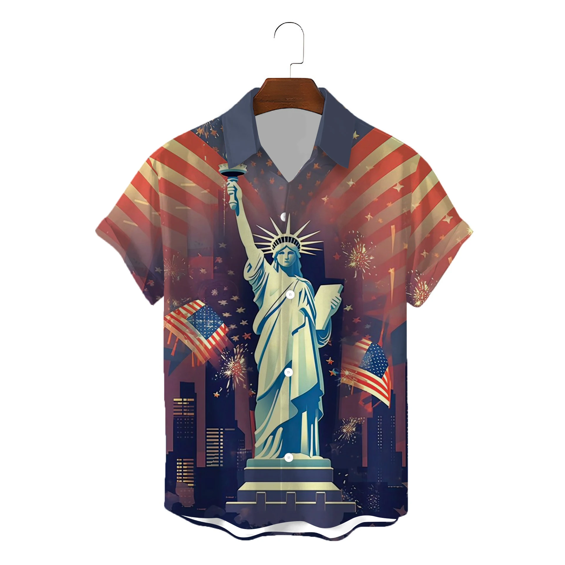 

New Summer Fashion Men's shirt Hawaii man shirt America Lady Liberty printing Shirt Europe Retro style Button Lapel Tops