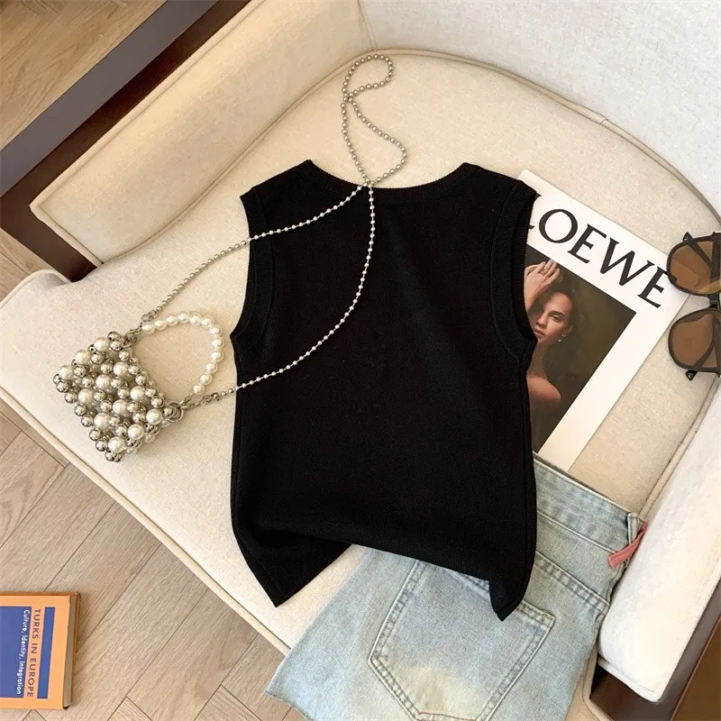 2024 Summer Slim Knit Sweater Vest Women Sexy Korean Fashion Ladies Crop Tops Letters Rhinestones Sleeveless O-neck Jumpers