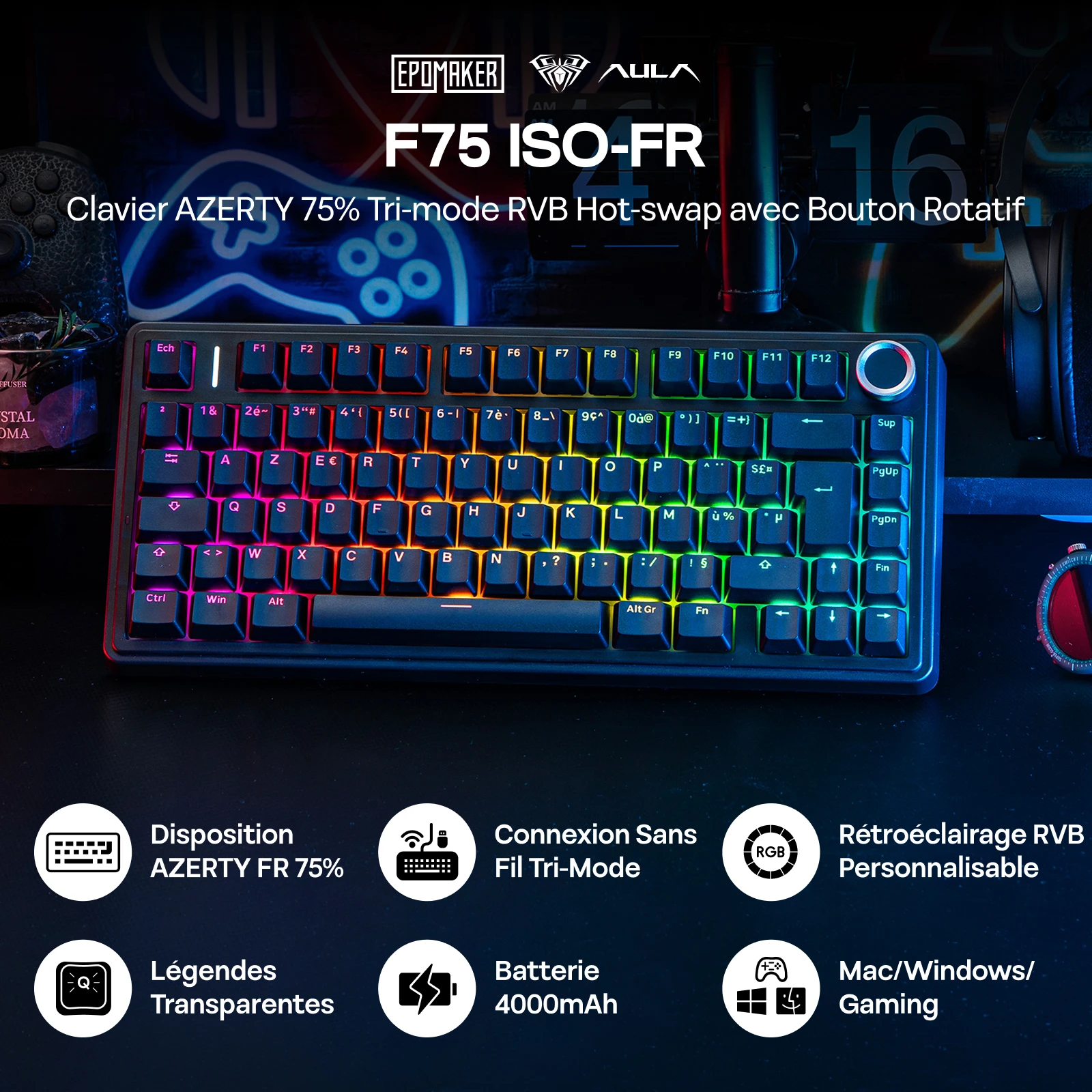 ISO-FR 레이아웃 AULA F75 75% AZERTY 프랑스어 레이아웃 유선/블루투스/2.4G 무선 기계식 게이밍 키보드 RGB 백라이트 4000mAh 배터…