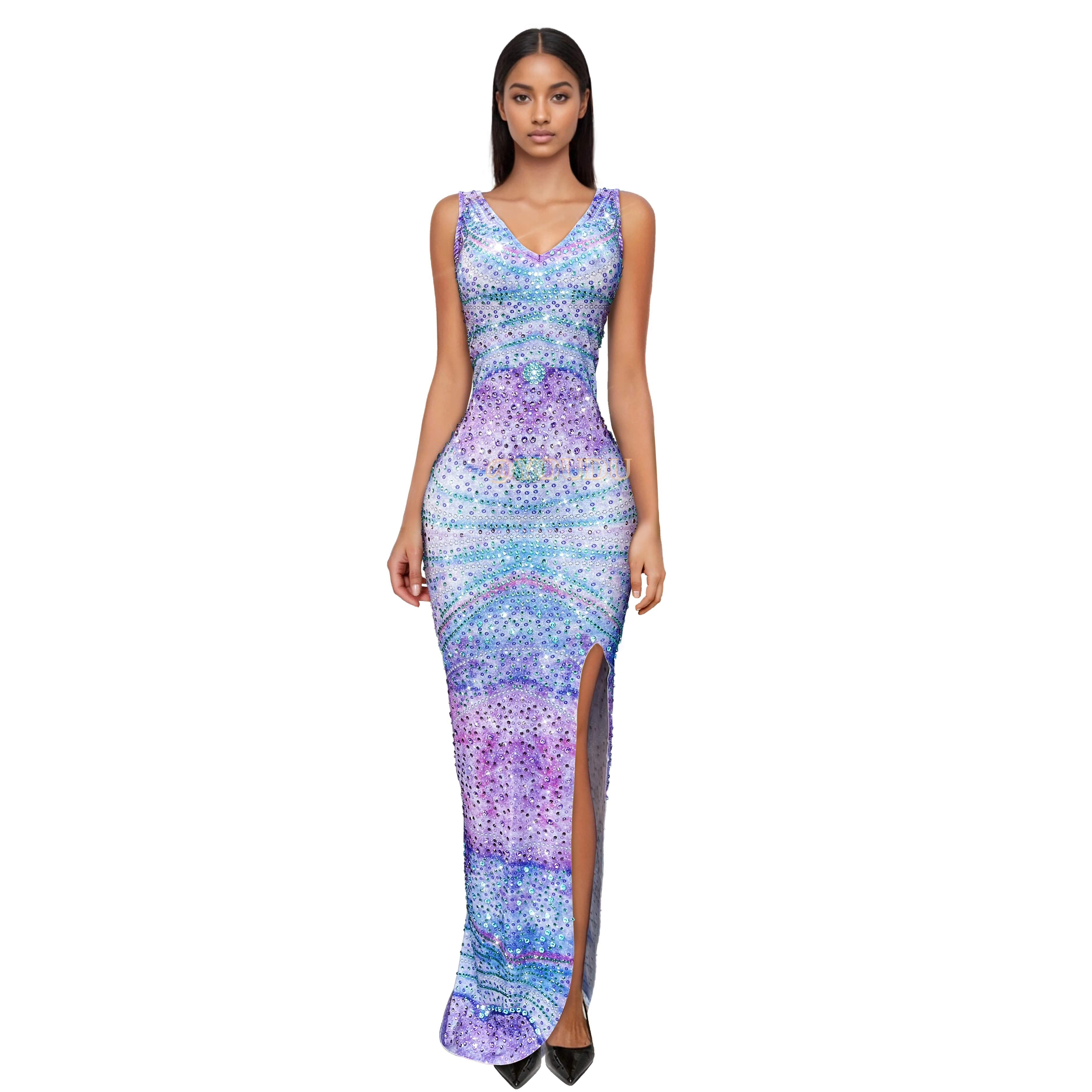 Graceful Blue Purple Gradient Shining Rhinstones High split V-neck Dress Party Celebtare Evening Gown Red carpet Outfit Lanzi