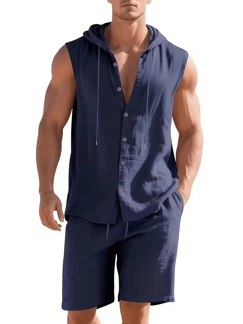Loose Casual American Style Men's Summer Linen Hooded Sleeveless Shirt Hip Hop Trendy Top Comfortable Breathable Garment Suit