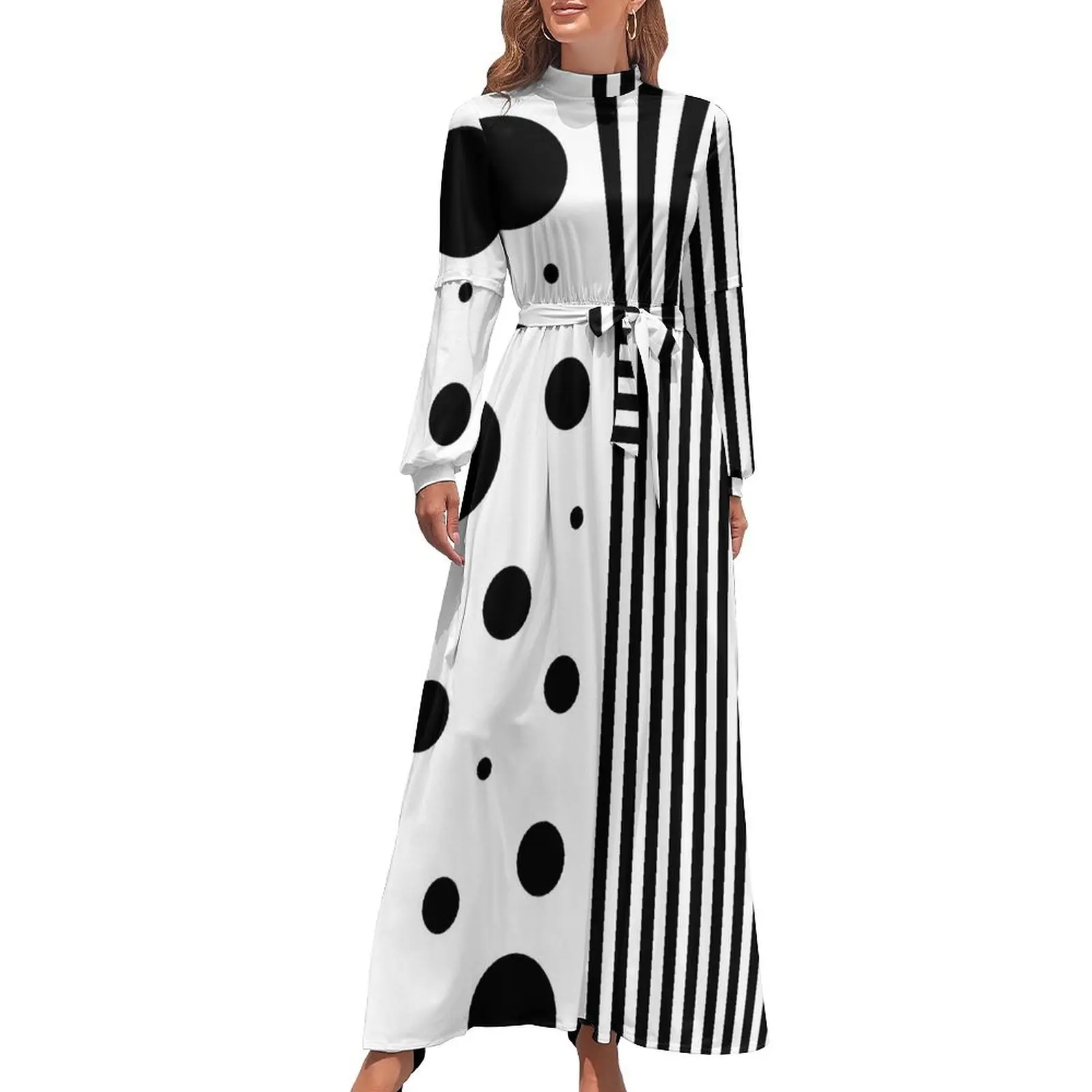 

Striped Polka Dot Dress Black and White Two Tone Street Style Bohemia Dresses Lady Long Sleeve High Waist Party Long Maxi Dress