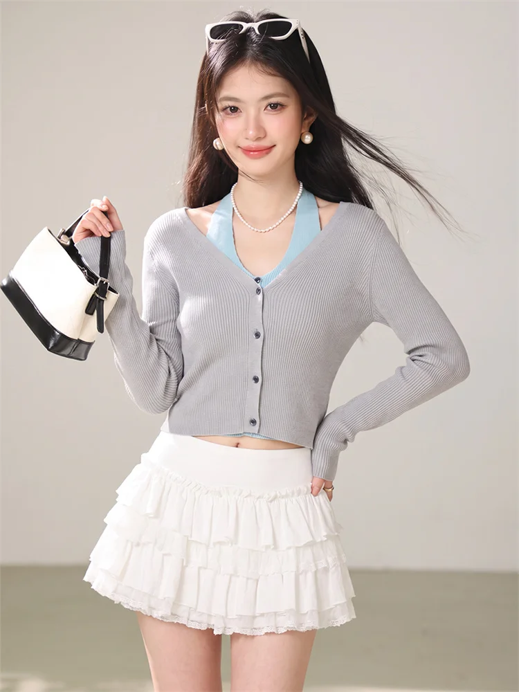 Women Fake Two Piece Knit Top Halter Neck Slim Fit Long Sleeve Knitted Shirt Autumn Winter Inner Wear Basic Layering Blouse