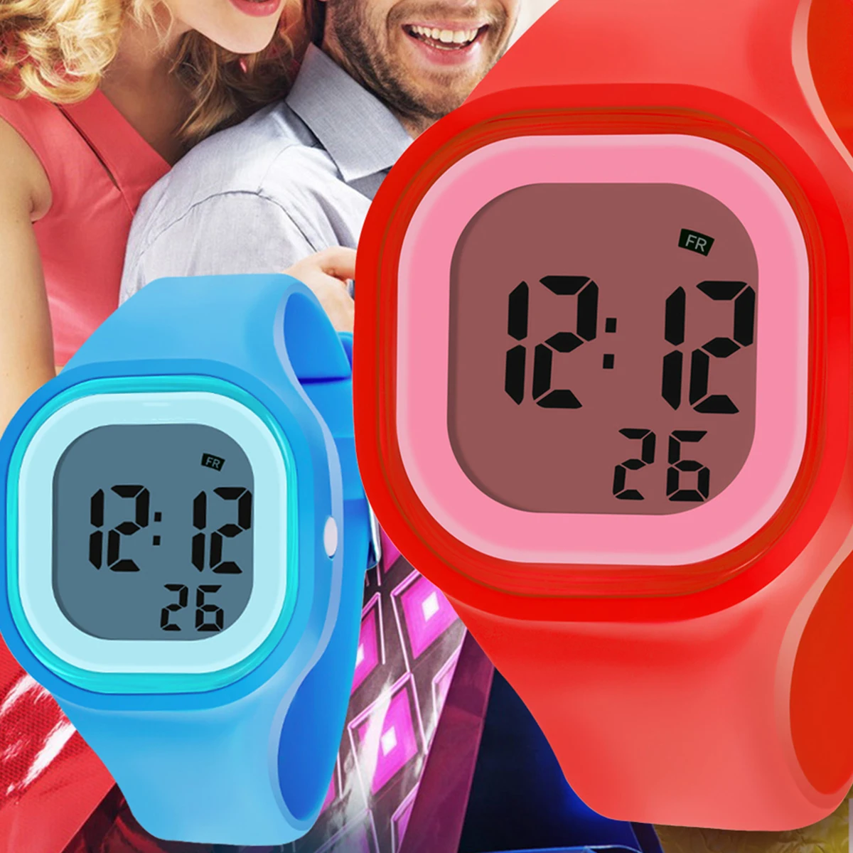 

Colorful Digital 50M Waterproof Electric Wrist Watch With Backlight Alarm Stop Watch For Men Women Yellow Silicone