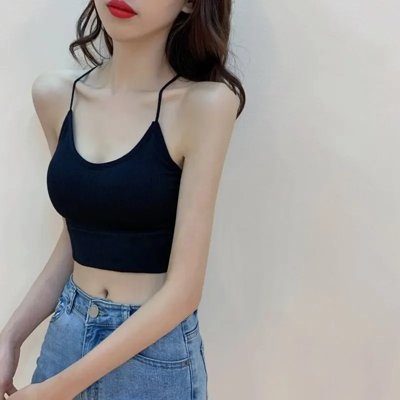 Women Sexy Club Party Beauty Back Cross Straps Camis Crop Top Female Seamless Bottomed Vest Girls Cami Deep V Padded Sports Tops