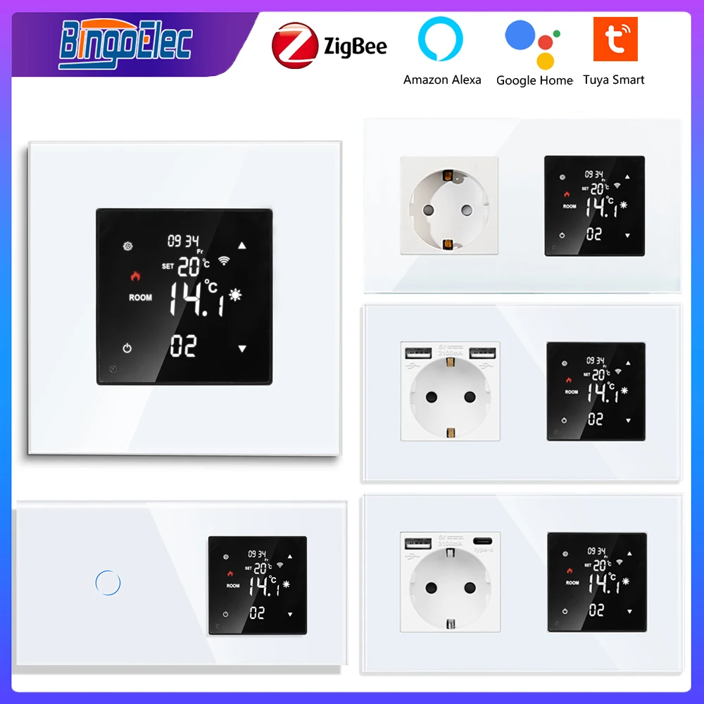 Bingoelec Smart ZigBee Thermostat and Wall Switch Socket Temperature Controller of Water/Electric Floor Heating Gas Boiler White