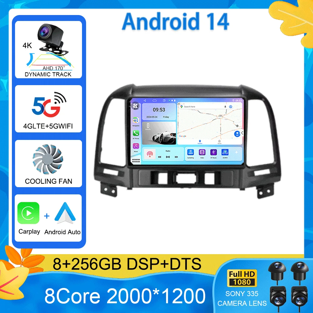 Android 14 Car Radio For Hyundai Santa Fe 2 2006-2012 Carplay 4G WIFI Multimedia Player GPS Navigation 2 Din Autoradio Stereo