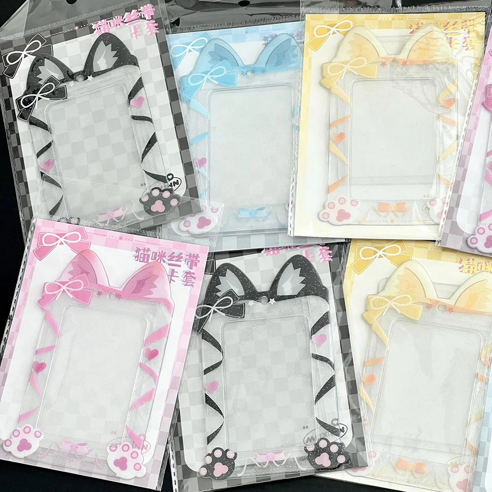 Cartoon Cat Ribbon Photocard Holder PVC Photo Sleeves Bag Pendant 3 Inch Student Girls ID Bus Card Holder Card Organizer