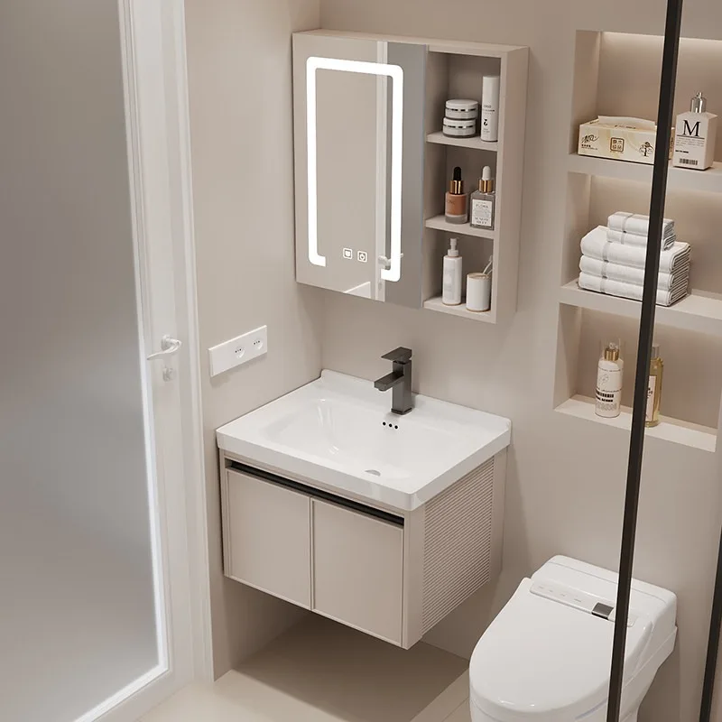 

integrated ceramic basin, bathroom cabinet, mirror cabinet combination, small apartment washstand