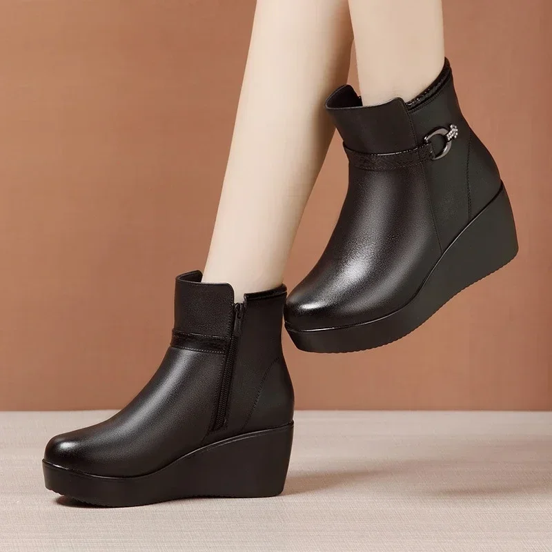 6cm Small Size 32-43 Genuine Leather Boots Platform Wedges Shoes 2024 Winter Womens Med Heels Thick Bottom Snow Ankle Boots