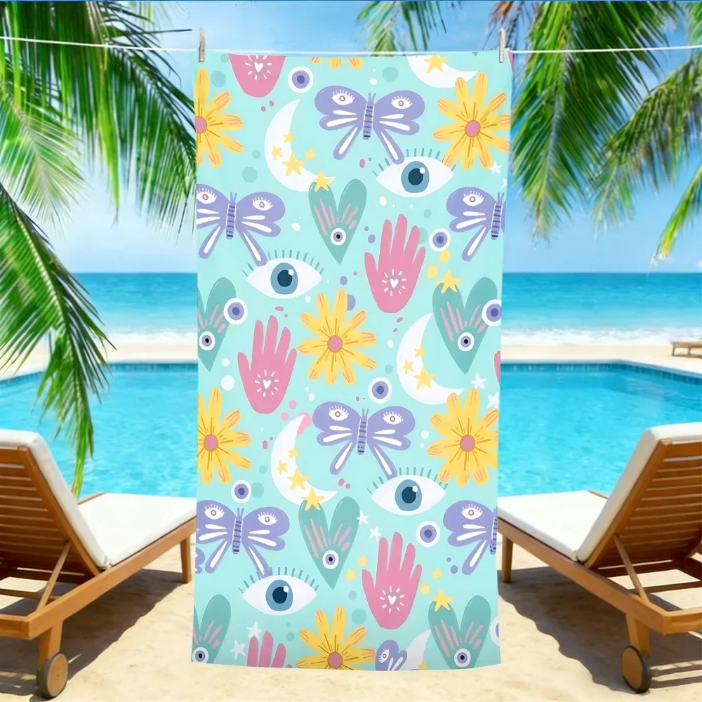 Whimsical Boho Beach Towel – Soft Absorbent Microfiber with Evil Eye, Moon & Star Print for Summer