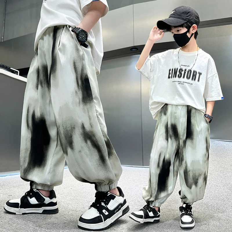 

Children Trousers For Boys Ice Silk Ink-Stained Print Elastic Waist Summer Mosquito Pants Kids Loose Sports Long Pants 5-14Years