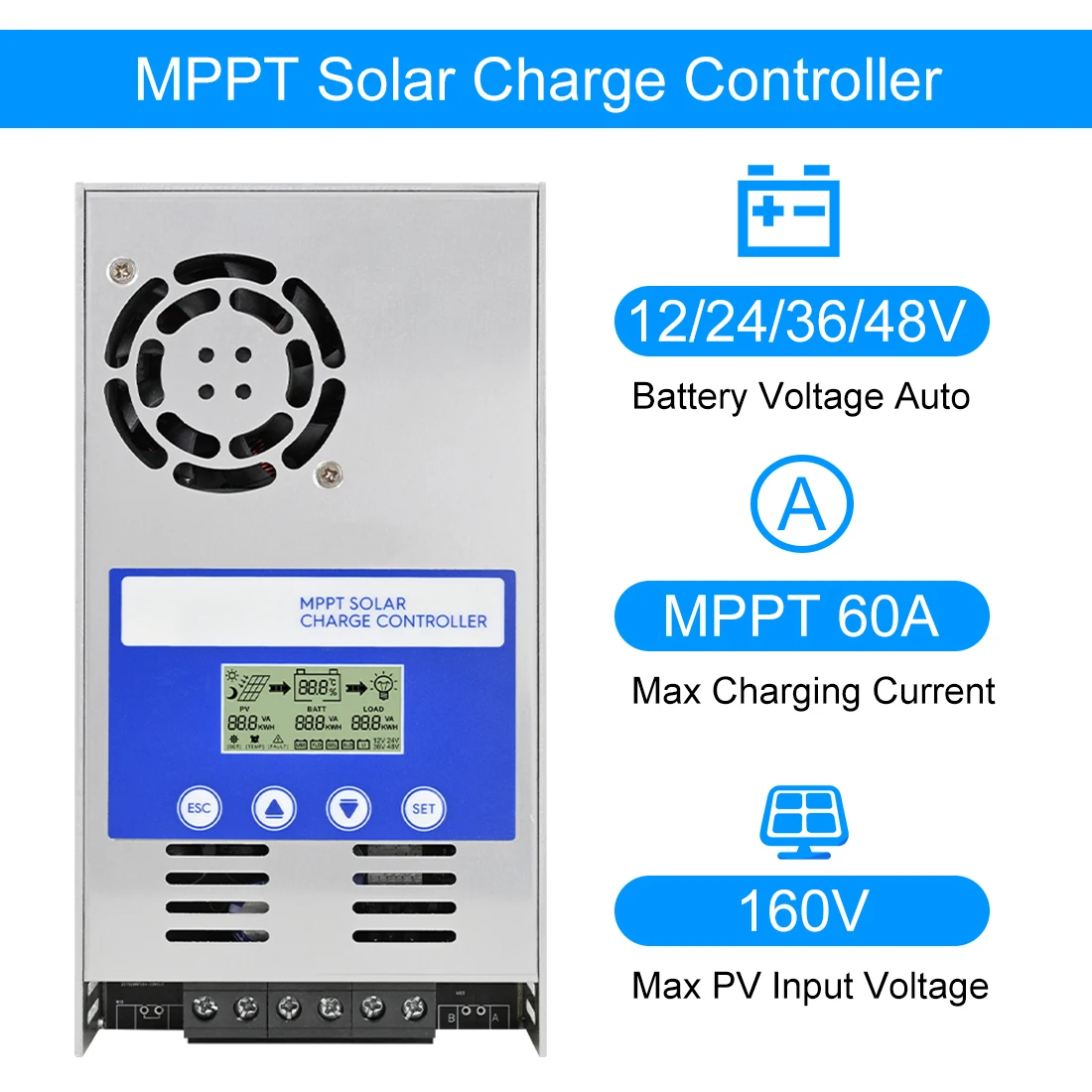 Urbanroad MPPT 60A Solar Charge Controller Backlight Charger 12V 24V 36V 48V Battery for Vented Sealed Nicd Solar Cells Panel